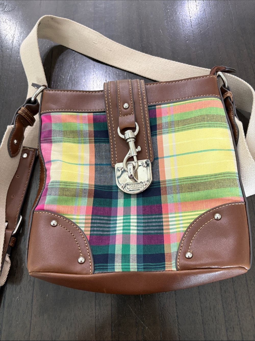 Chaps Multicolor Plaid Crossbody with Brown Trim and Cream Strap